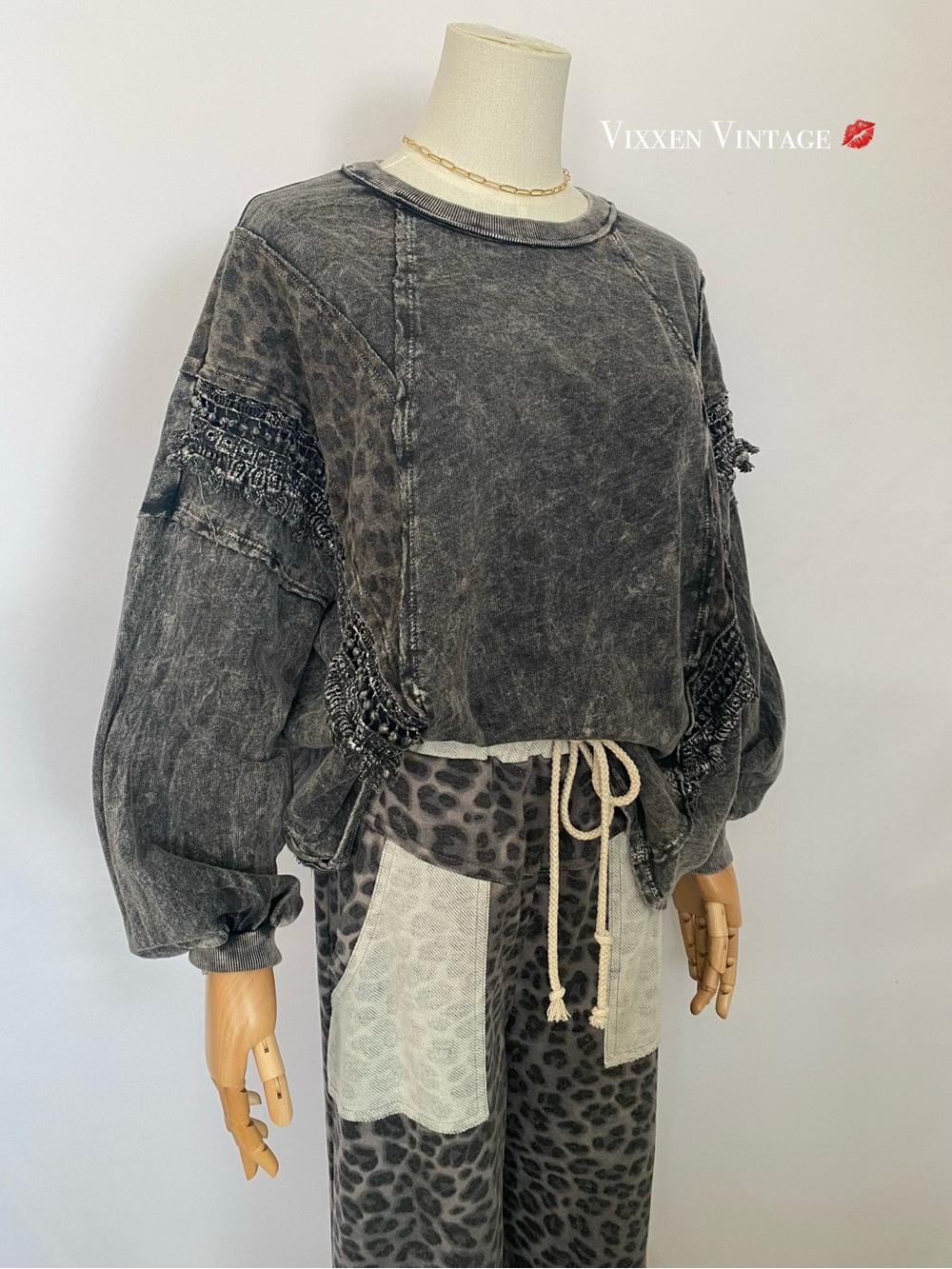 J.HER MINERAL WASH 'WILD LACE LEOPARD PATCHED LONG SLEEVE TOP' IN ASH BLACK